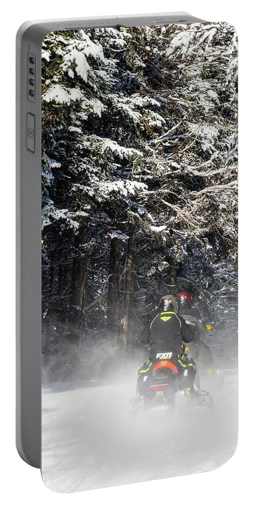 America Portable Battery Charger featuring the photograph Two Snowmobiles Heading Down The Trail - Pittsburg, New Hampshire by John Rowe