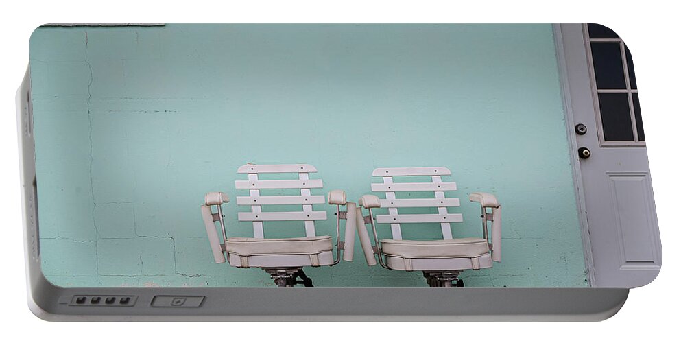 Fishing Portable Battery Charger featuring the photograph Two White Chairs by Steve Stanger