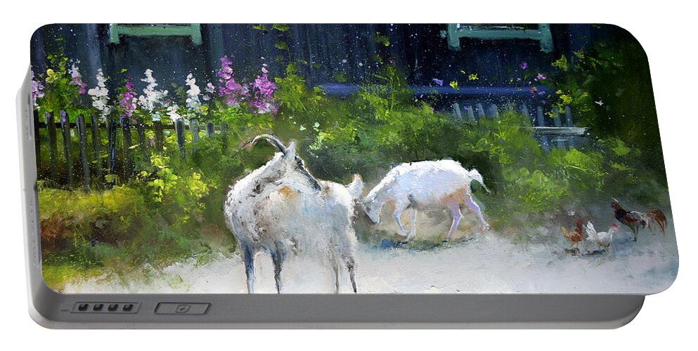 Russian Artists New Wave Portable Battery Charger featuring the painting Two White Goats by Igor Medvedev