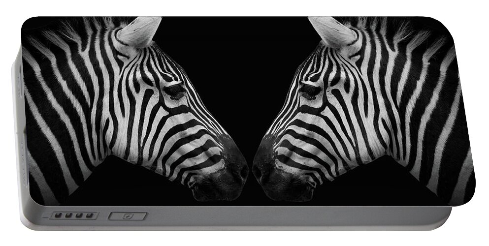 Zebra Portable Battery Charger featuring the digital art Two Zebras With Black Background by Marjolein Van Middelkoop