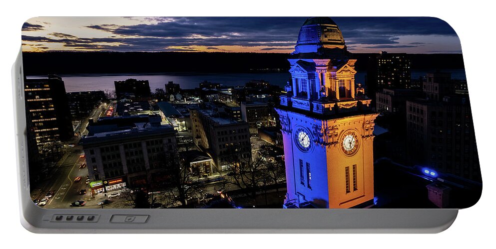 City Hall Portable Battery Charger featuring the photograph Ukrainian national colors illuminate city hall by Kevin Suttlehan