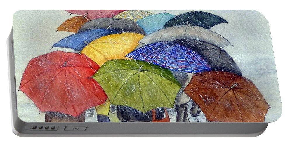 Umbrella Portable Battery Charger featuring the painting Umbrella Huddle Two by Kelly Mills
