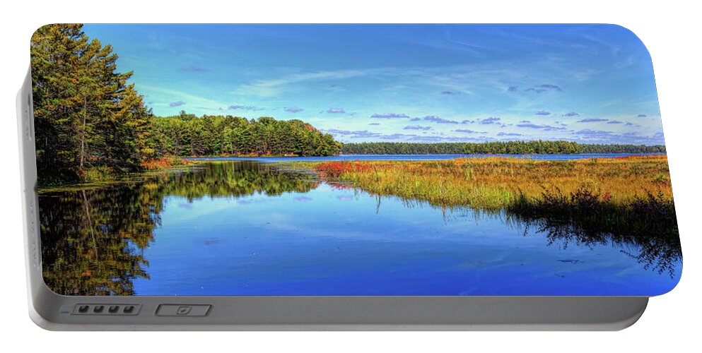 Upnorth Portable Battery Charger featuring the photograph Upper Buckatabon Lake in Fall by Dale Kauzlaric
