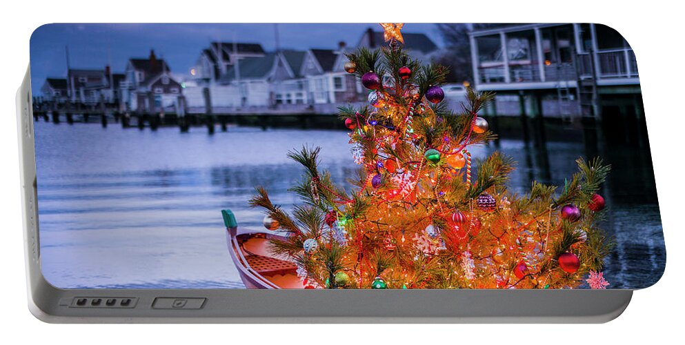 Atlantic Us Christmas Eastern Us Ma Massachusetts Nantucket Nantucket Town New England North America Rf Usa United States Boat Decoration Dory Northeast Northeastern Tree World Locations Portable Battery Charger featuring the photograph USA, New England, Massachusetts, Nantucket Island, Nantucket Town, small dory with Christmas tree by Panoramic Images