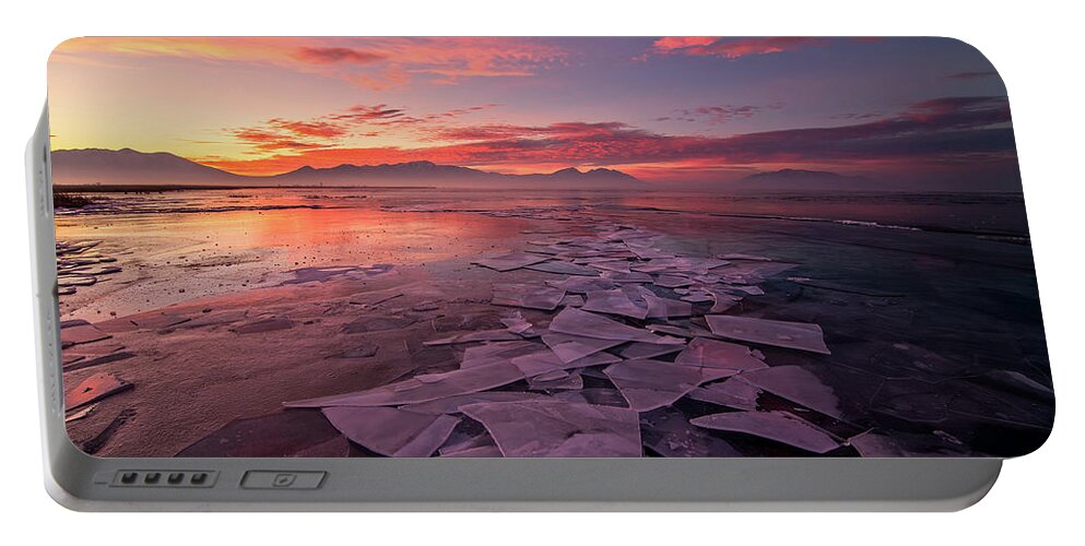 Utah Lake Portable Battery Charger featuring the photograph Utah Lake Ice Sunrise by Wesley Aston