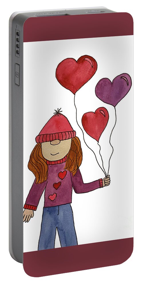 Valentine's Day Portable Battery Charger featuring the mixed media Valentine's Day Girl Gnome by Lisa Neuman
