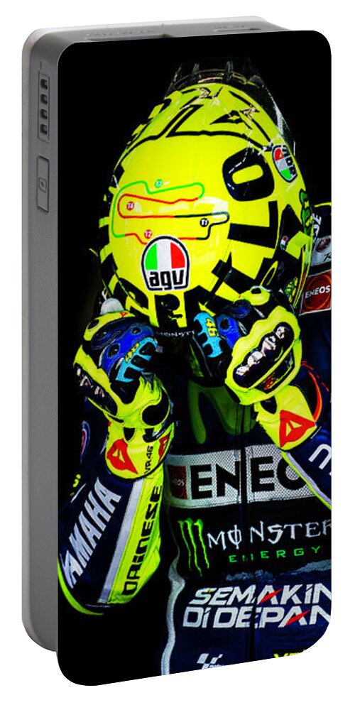 Mugello Portable Battery Charger featuring the photograph Valentino Rossi 2016 Mugello Special Helmet by Tony Goldsmith