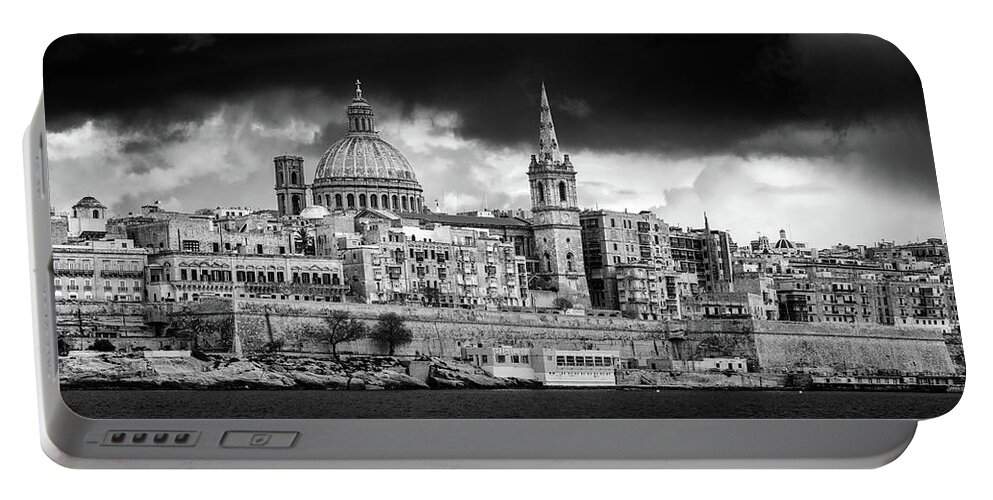 Black And White Portable Battery Charger featuring the photograph Valletta by Adel Ferrito