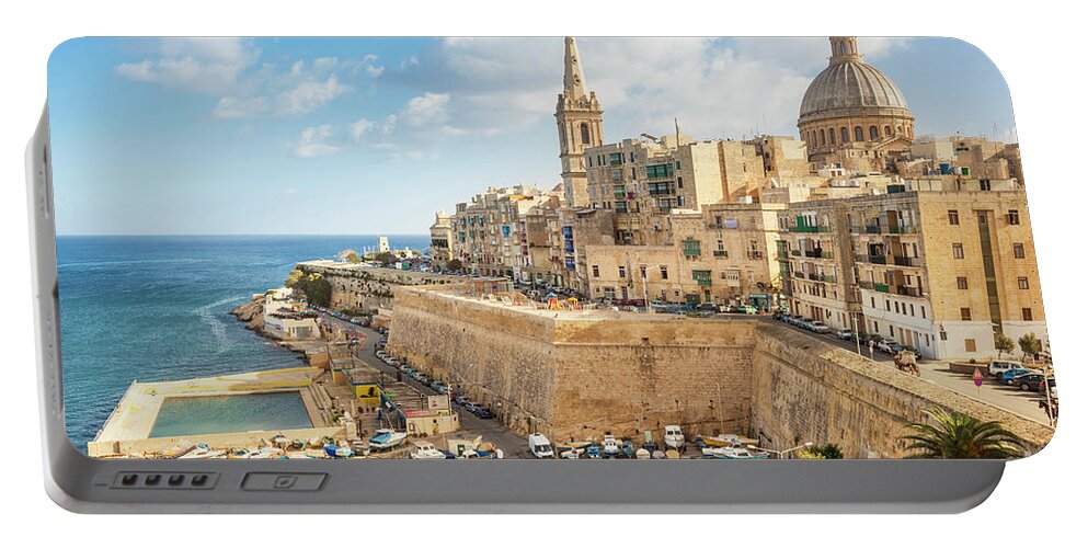 Valletta Skyline Portable Battery Charger featuring the photograph Valletta and Marsamxett Harbour, Malta by Neale And Judith Clark