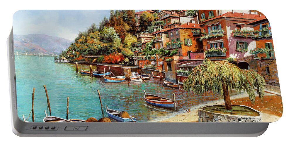 Lake Como Portable Battery Charger featuring the painting Varenna on lake Como by Guido Borelli