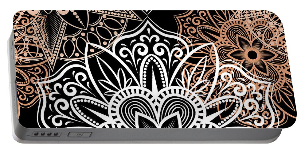 Colorful Portable Battery Charger featuring the digital art Verona - Artistic White Cream Mandala Pattern in Black Background by Sambel Pedes
