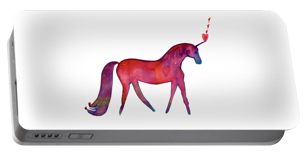 Unicorn Portable Battery Charger featuring the painting Vibrant Unicorn Heart by Sandy Rakowitz
