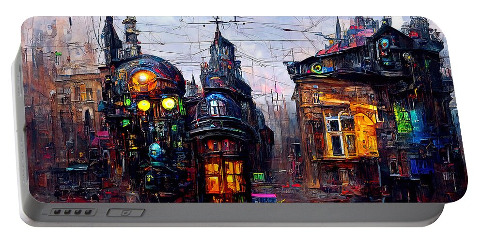 Steampunk Portable Battery Charger featuring the painting Victorian Steampunk City, 02 by AM FineArtPrints