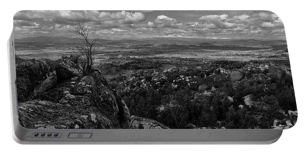 Mountain Portable Battery Charger featuring the photograph View from Monsanto mountain in Monochrome by Angelo DeVal