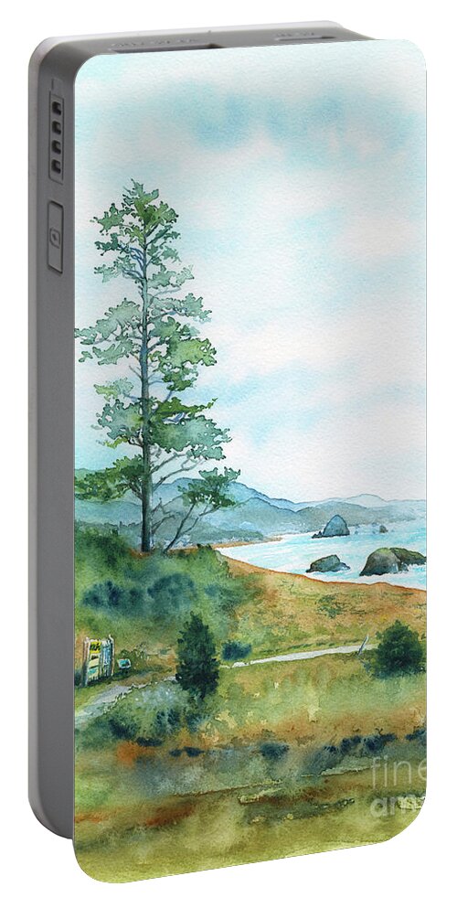 Cannon Beach Portable Battery Charger featuring the painting View of Cannon Beach from Ecola State Park, Oregon by Zaira Dzhaubaeva
