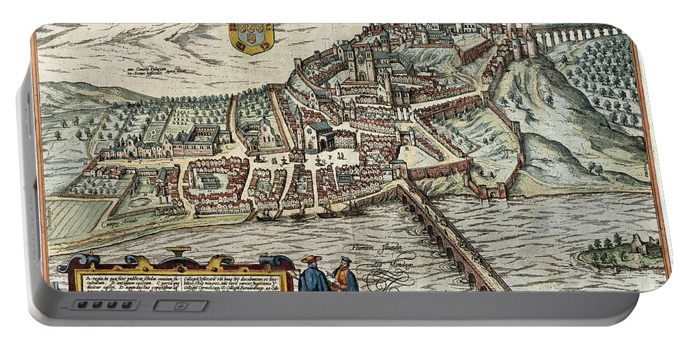 1598 Portable Battery Charger featuring the drawing View Of Coimbra, 1598 by Georg Braun and Franz Hogenberg