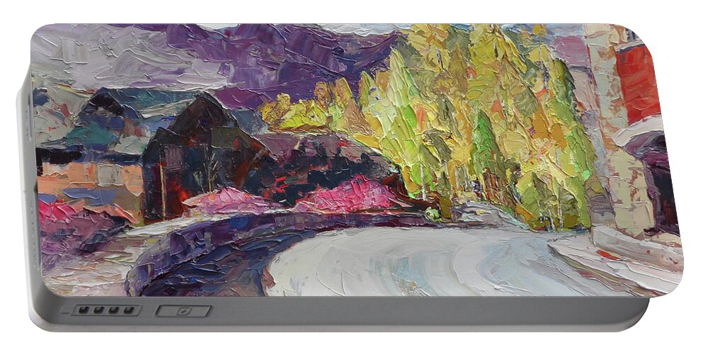 Telluride Village Portable Battery Charger featuring the painting Village Bridge, 2018 by PJ Kirk