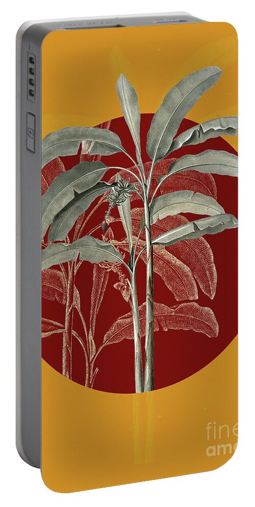 Vintage Portable Battery Charger featuring the painting Vintage Botanical Banana Tree on Circle Red on Yellow by Holy Rock Design