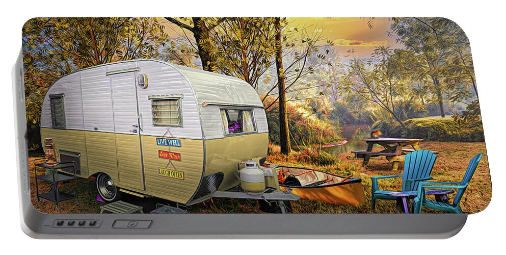 Camper Portable Battery Charger featuring the photograph Vintage Camping at the Creek Painting by Debra and Dave Vanderlaan