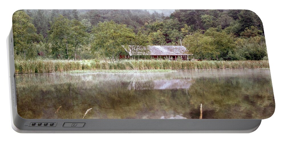 Barns Portable Battery Charger featuring the photograph Vintage Farm on the Edge of the Lake by Debra and Dave Vanderlaan