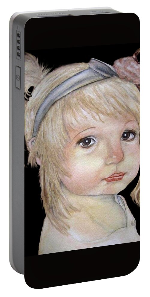 Little Girl Painting Portable Battery Charger featuring the mixed media Vintage Golden Girl by Kelly Mills