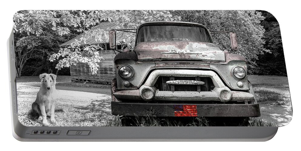 Trucks Portable Battery Charger featuring the photograph Vintage in Springtime Black and White and Red by Debra and Dave Vanderlaan