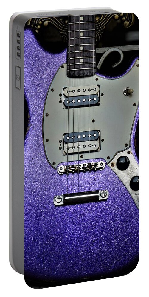 Fender Portable Battery Charger featuring the photograph Vintage Fender Mustang Purple Lavender Sparkle Vintage Guitar by Guitarwacky Fine Art