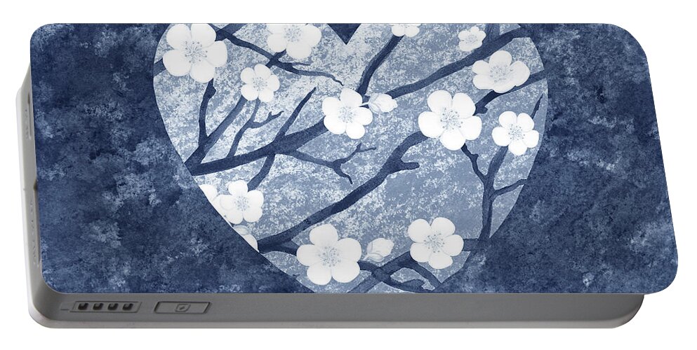 Heart And Flowers Portable Battery Charger featuring the painting Vintage Soft Cool Blue Floral Watercolor Heart Art II by Irina Sztukowski