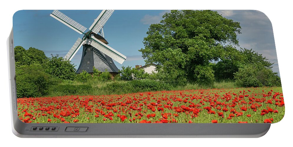 Krokauer Mühle Portable Battery Charger featuring the photograph Vintage Windmill and Poppies by Jurgen Lorenzen