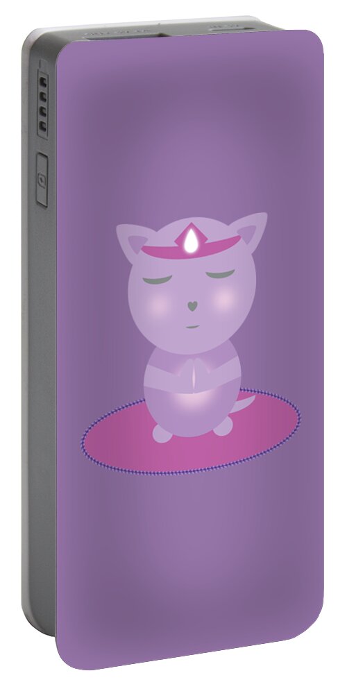 Prayer Portable Battery Charger featuring the digital art Violet Cat Meditating On The Mat by Barefoot Bodeez Art