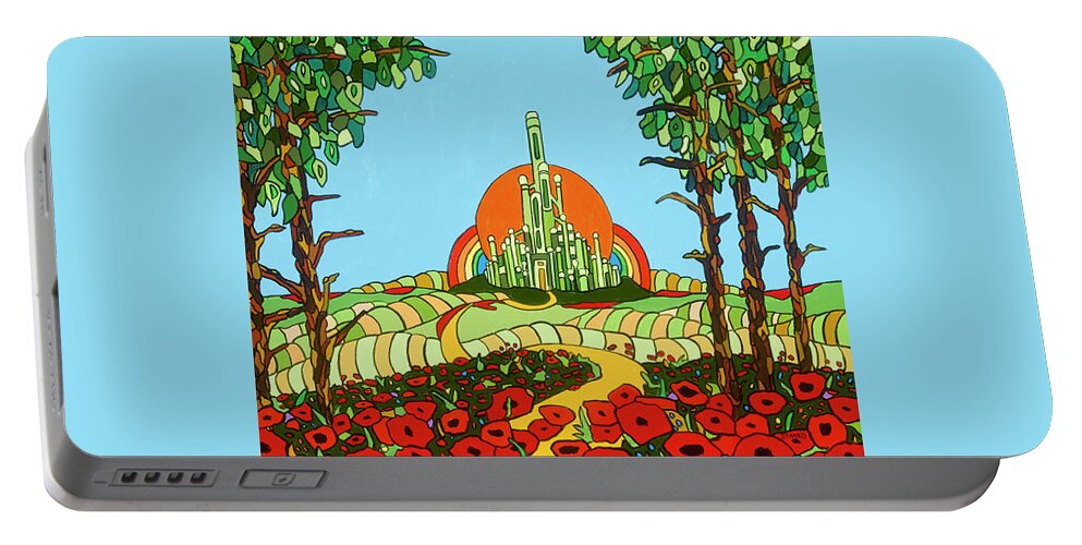 Wizard Of Oz Emerald City Off To See The Wizard Poppies Yellow Brick Road Portable Battery Charger featuring the painting Visiting Oz by Mike Stanko