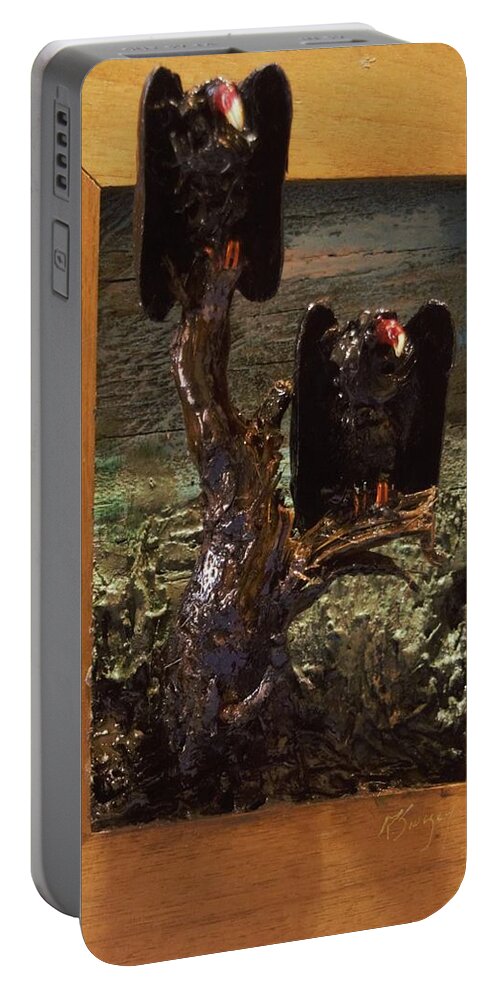 Perched Vultures Portable Battery Charger featuring the mixed media Vultures Projecting from Frame by Roger Swezey