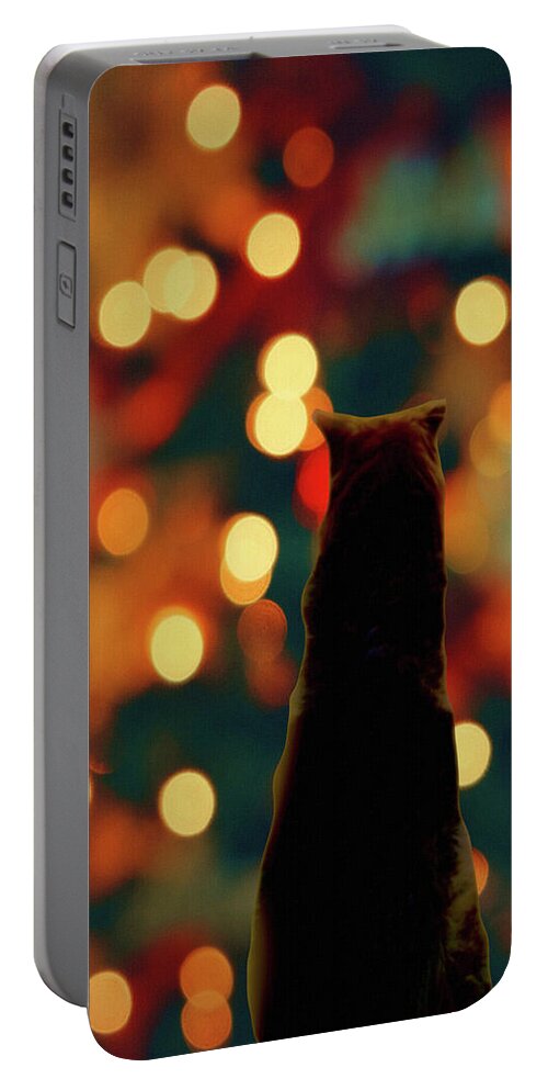 Animal Portable Battery Charger featuring the mixed media Waiting for Santa-Dog and Christmas Lights by Shelli Fitzpatrick