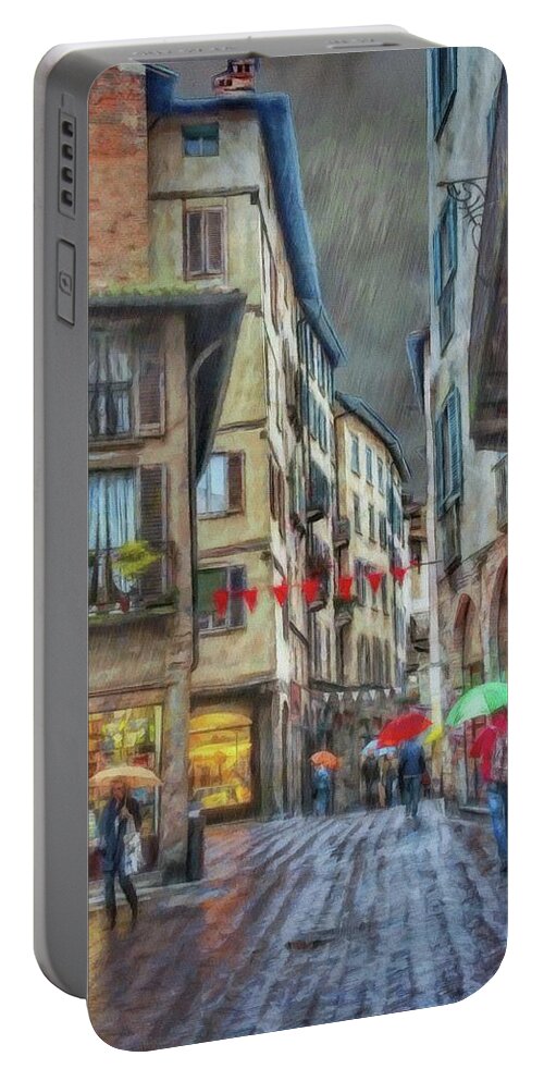 Unesco Portable Battery Charger featuring the painting Walking in the Rain - Bergamo by Jeffrey Kolker