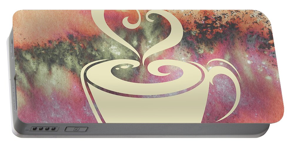 Cup Of Coffee Portable Battery Charger featuring the painting Warm Colorful Coffee Cup With Two Sweet Hearts Delicious Light Beige Watercolor by Irina Sztukowski