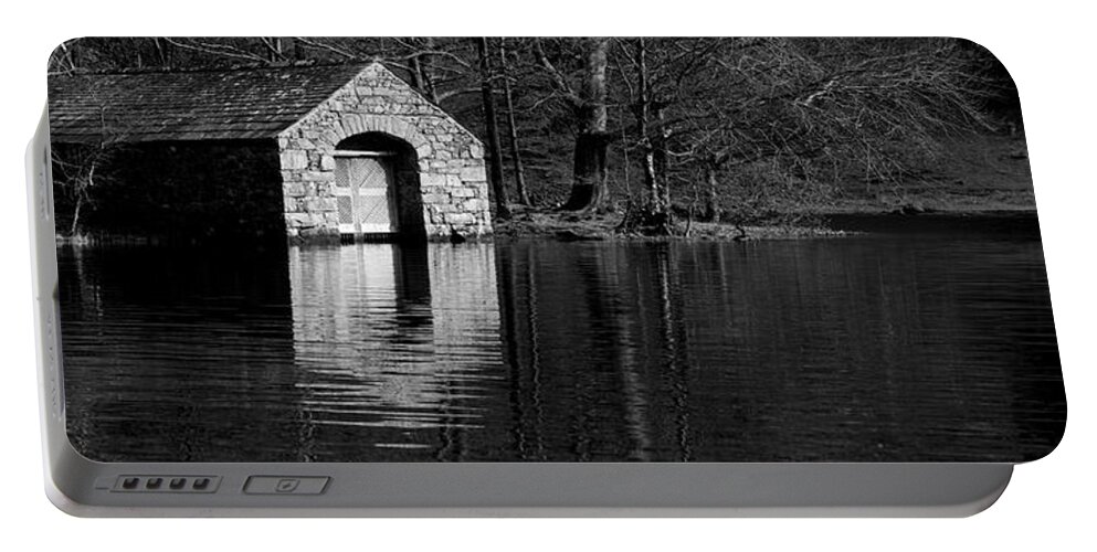 Panorama Portable Battery Charger featuring the photograph Wastwater Boathouse Black and white Lake District by Sonny Ryse
