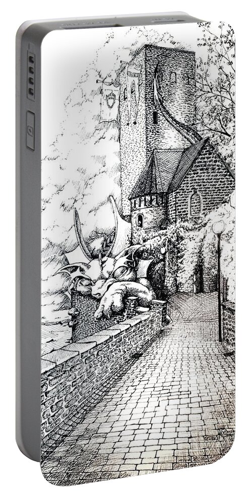 Medieval Portable Battery Charger featuring the drawing Watch Dragon by Merana Cadorette