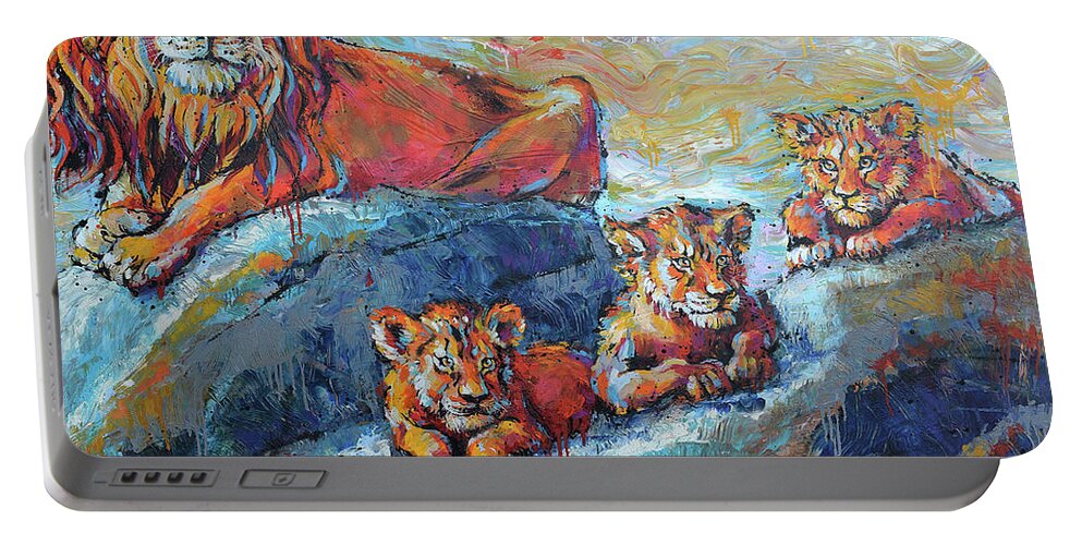 Lion Portable Battery Charger featuring the painting Watchful Eyes by Jyotika Shroff