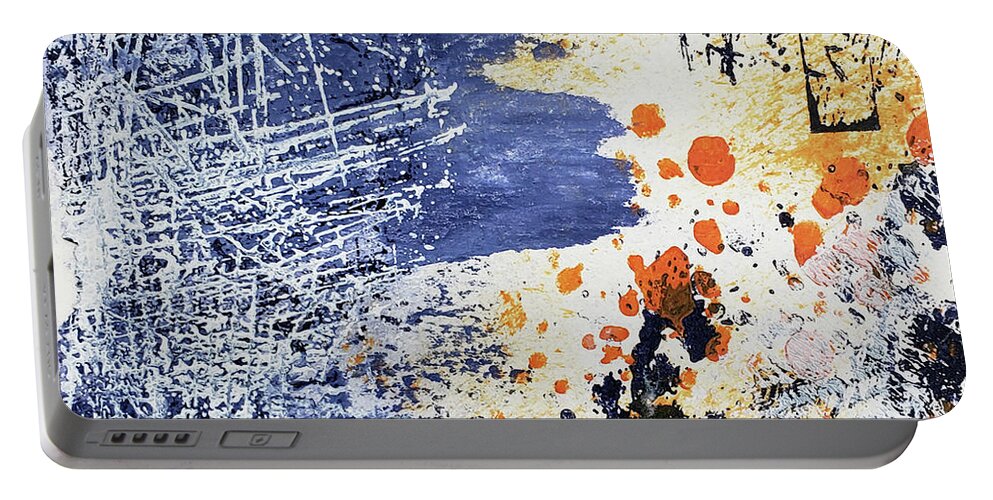 Grunge Portable Battery Charger featuring the painting WATER DREAMING Abstract in Periwinkle Purple Orange Gold White Black by Lynnie Lang