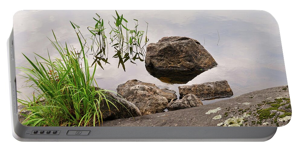 Backdrop Portable Battery Charger featuring the photograph Water plants and granite rocks in water by Les Palenik