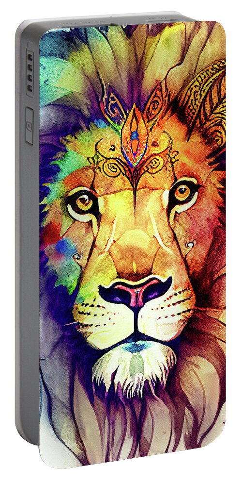 Lion Portable Battery Charger featuring the digital art Watercolor Animal 02 Lion Portrait by Matthias Hauser