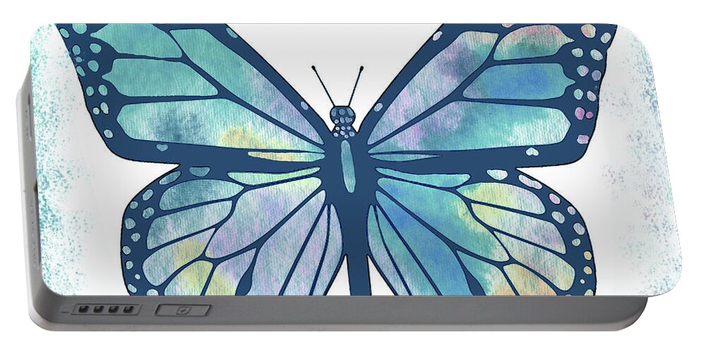 Butterflies Portable Battery Charger featuring the painting Watercolor Butterfly In Teal Blue Sky V by Irina Sztukowski