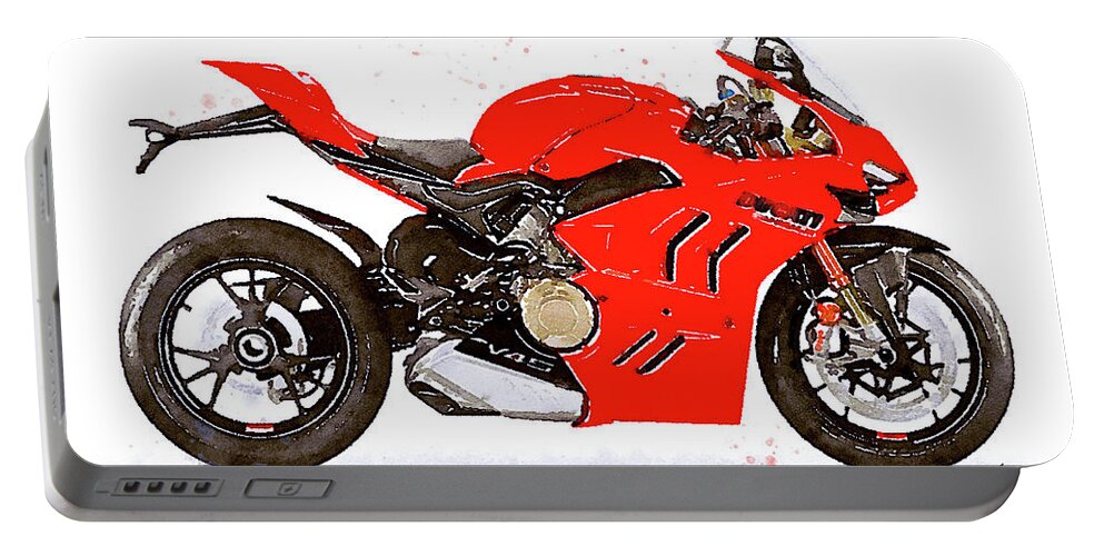 Sport Portable Battery Charger featuring the painting Watercolor Ducati Panigale V4S 2022 motorcycle - oryginal artwork by Vart. by Vart Studio