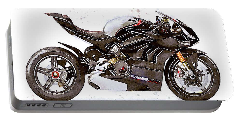 Sport Portable Battery Charger featuring the painting Watercolor Ducati Panigale V4SP 2022 motorcycle, oryginal artwork b by Vart Studio