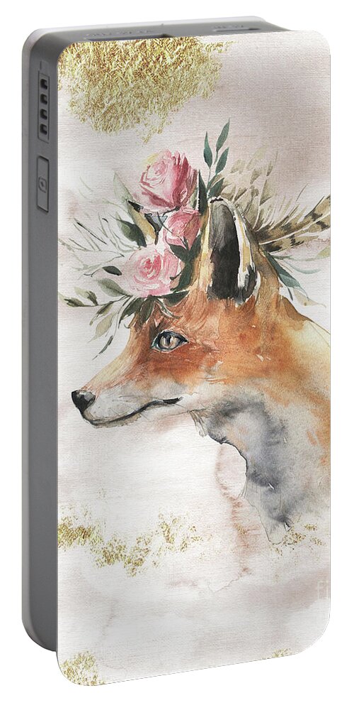 Watercolor Fox Portable Battery Charger featuring the painting Watercolor Fox With Flowers And Gold by Garden Of Delights