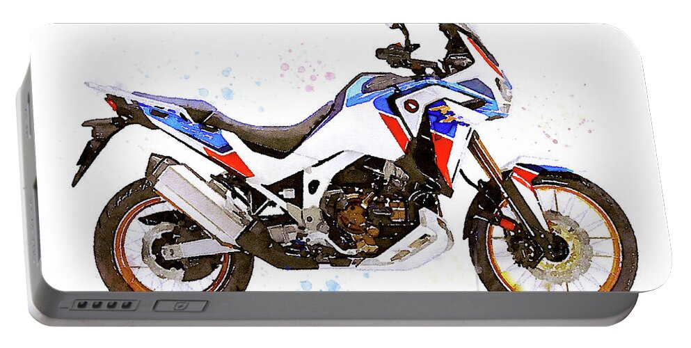 Motorcycle Portable Battery Charger featuring the painting Watercolor Honda Africa CRF 1100 Twin motorcycle - oryginal artwork by Vart. by Vart