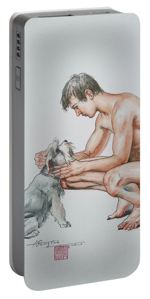 Male Nude Portable Battery Charger featuring the painting watercolor -Man and dog #20711 by Hongtao Huang