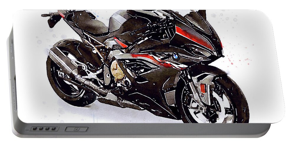 Sport Portable Battery Charger featuring the painting Watercolor Motorcycle BMW S1000RR black 2022 - original artwork by Vart. by Vart Studio