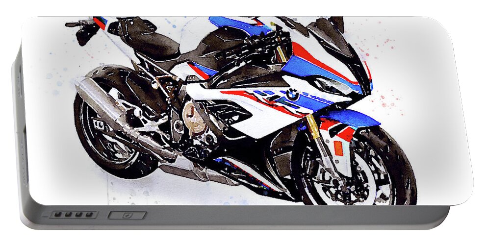Sport Portable Battery Charger featuring the painting Watercolor Motorcycle BMW S1000RR - original artwork by Vart. by Vart Studio