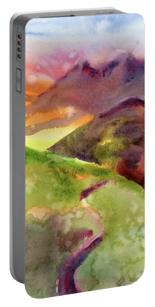 Watercolor Portable Battery Charger featuring the digital art Watercolor Orange Mountain View Painting by Sambel Pedes
